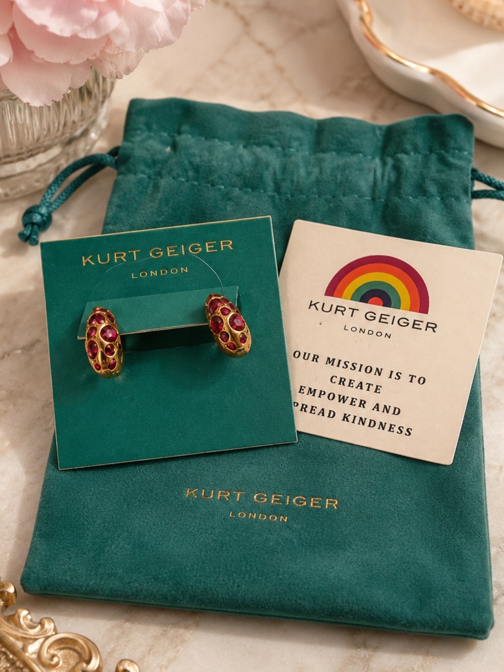 Kurt Geiger Gold Hoop Earrings with Pink Gem Accents